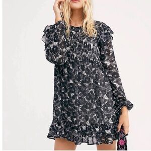 Free People These Dreams Mini Dress Floral Flowy Pleated Ruffle Size Large